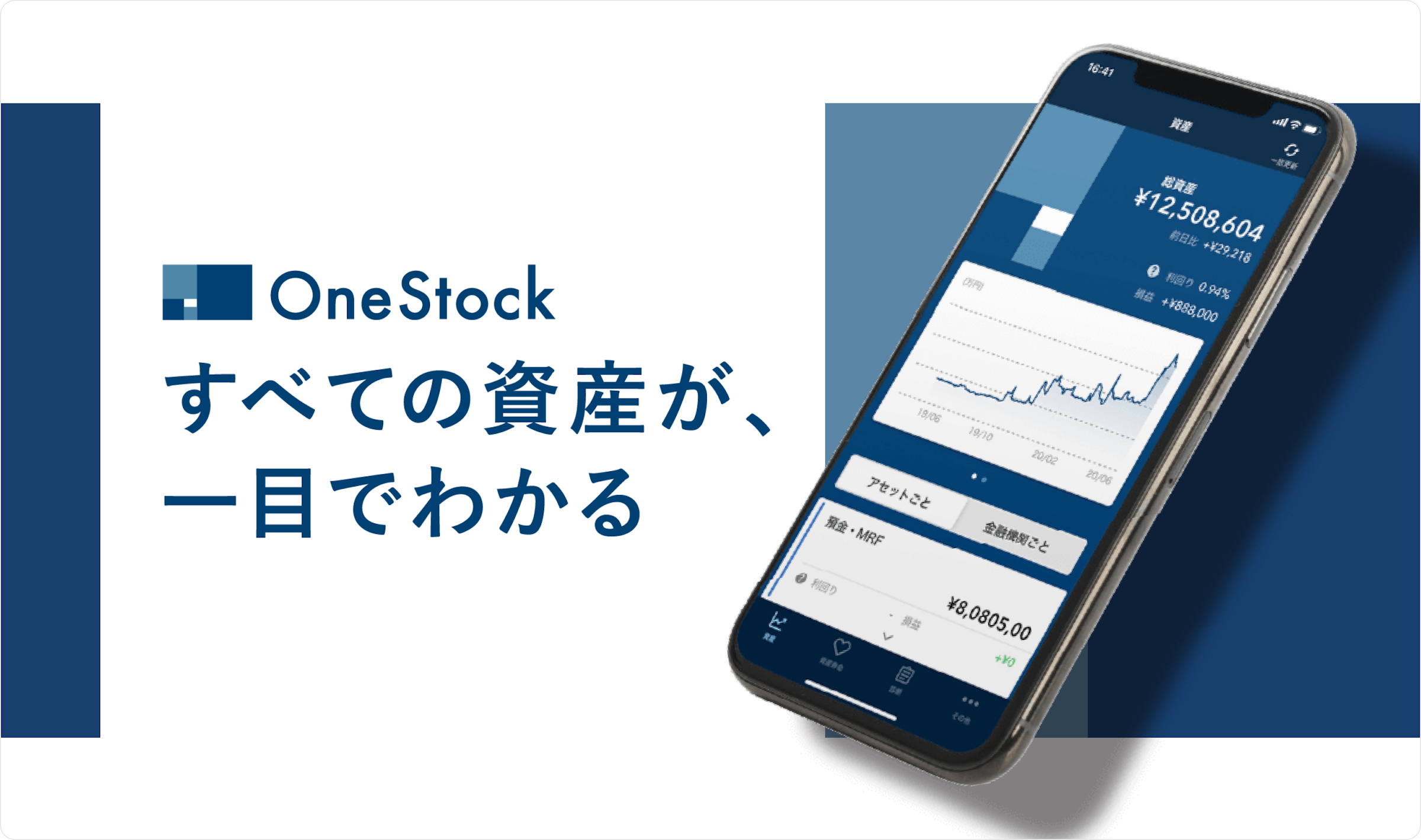 「OneStock すべての資産が、一目でわかる」という文字が左側に、右側にはスマートフォン画面が表示されている画像。