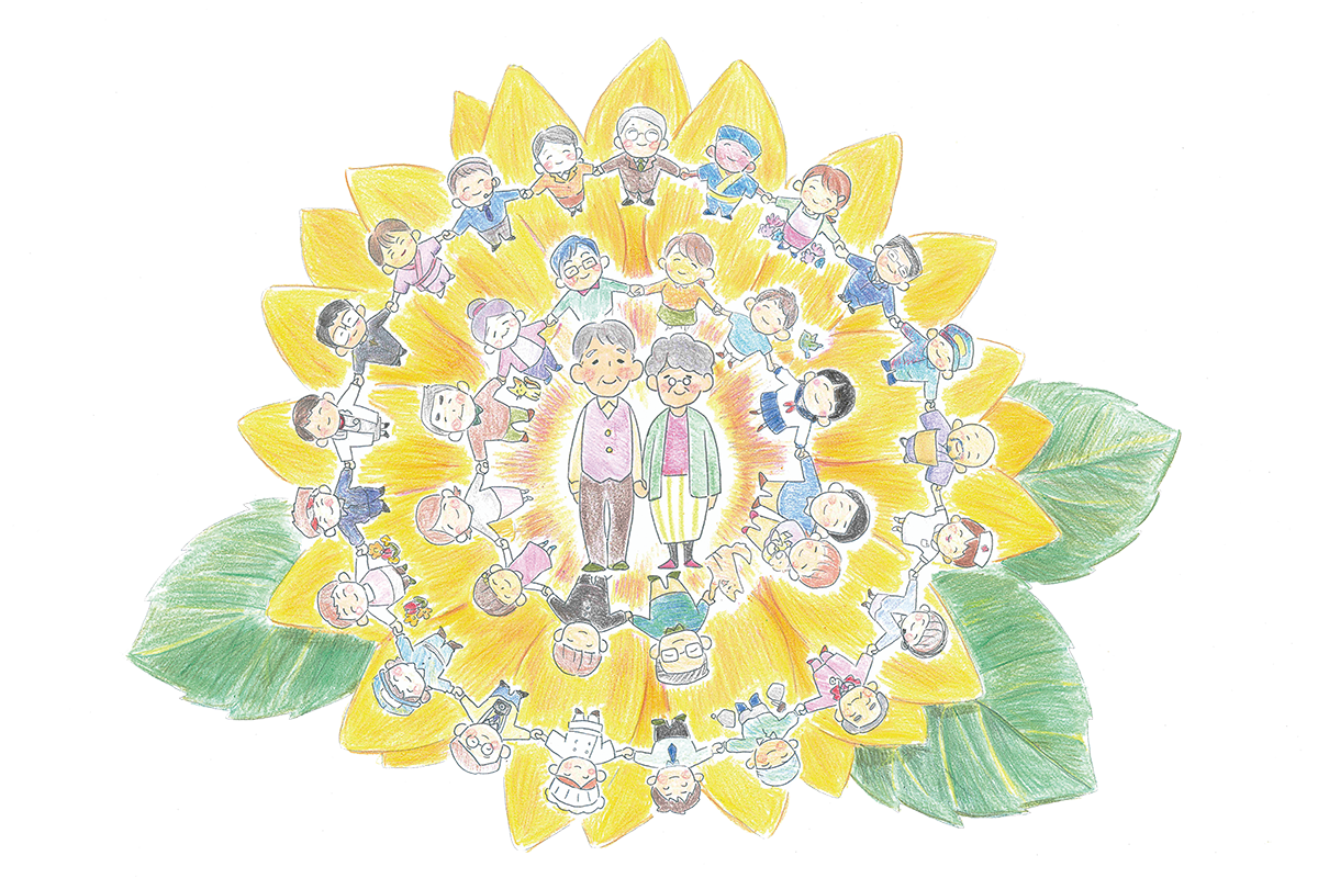 花の中央に向かって、三重の円状に並んだ人が描かれているイラストの写真(完成版)。