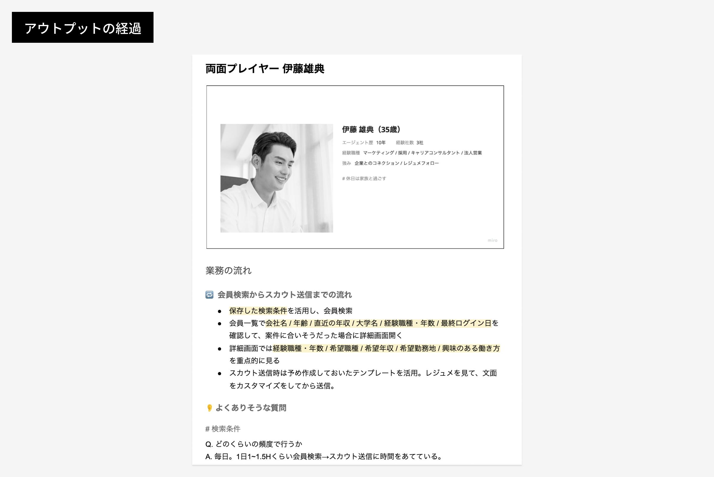 アウトプットの経過として、両面プレイヤー伊藤雄典さんの説明文とプロフィール写真を載せている。業務の流れとして、会員検索からスカウトまでの流れ、よくありそうな質問等が書かれている。