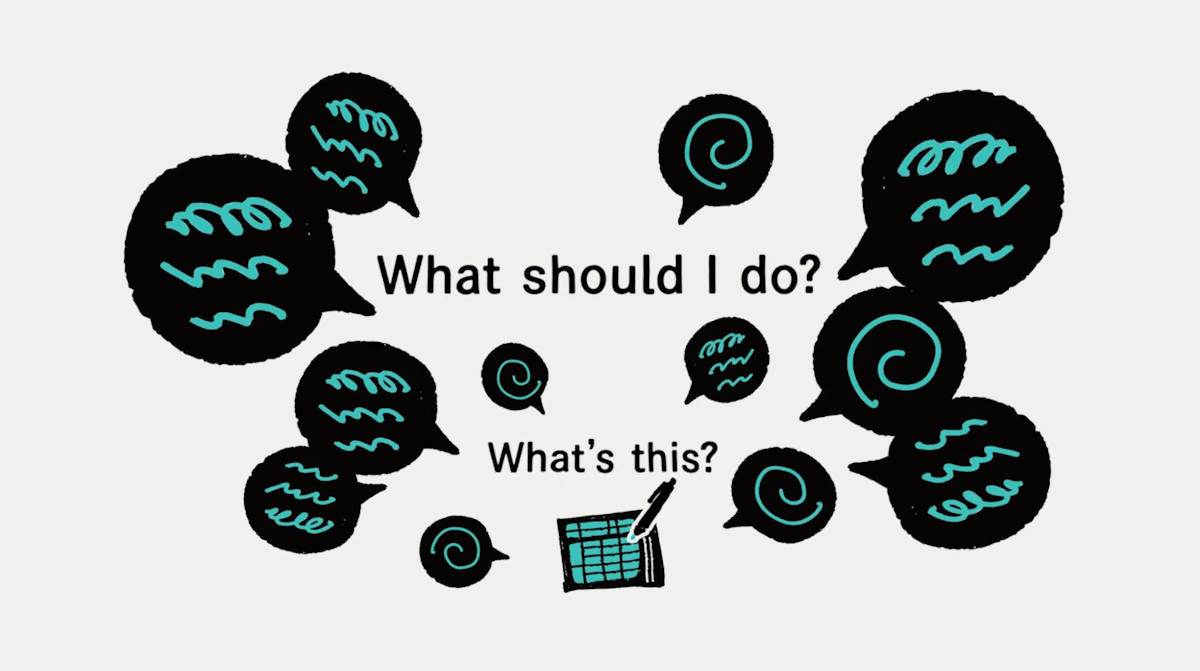 「What should I do? What`s this?」という文字から12個の吹き出しが飛び出しているイラスト。