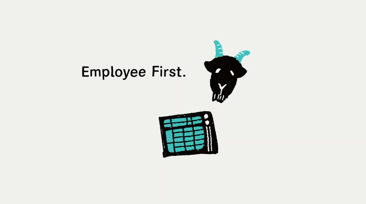 「Employee First.」の文字とヤギのイラスト。