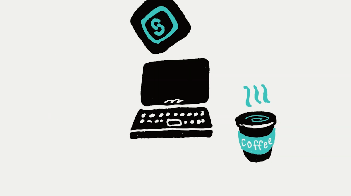 SmartHR社のロゴが上部にあり、その下にパソコンとcoffeeが置かれているイラスト。