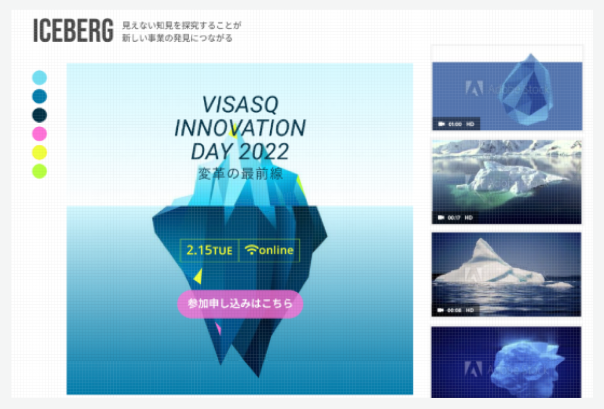 「ICEBERG 見えない知見を探求することが新しい事業の発見につながる」の文字の下に5種類の氷山が表示されている画像。