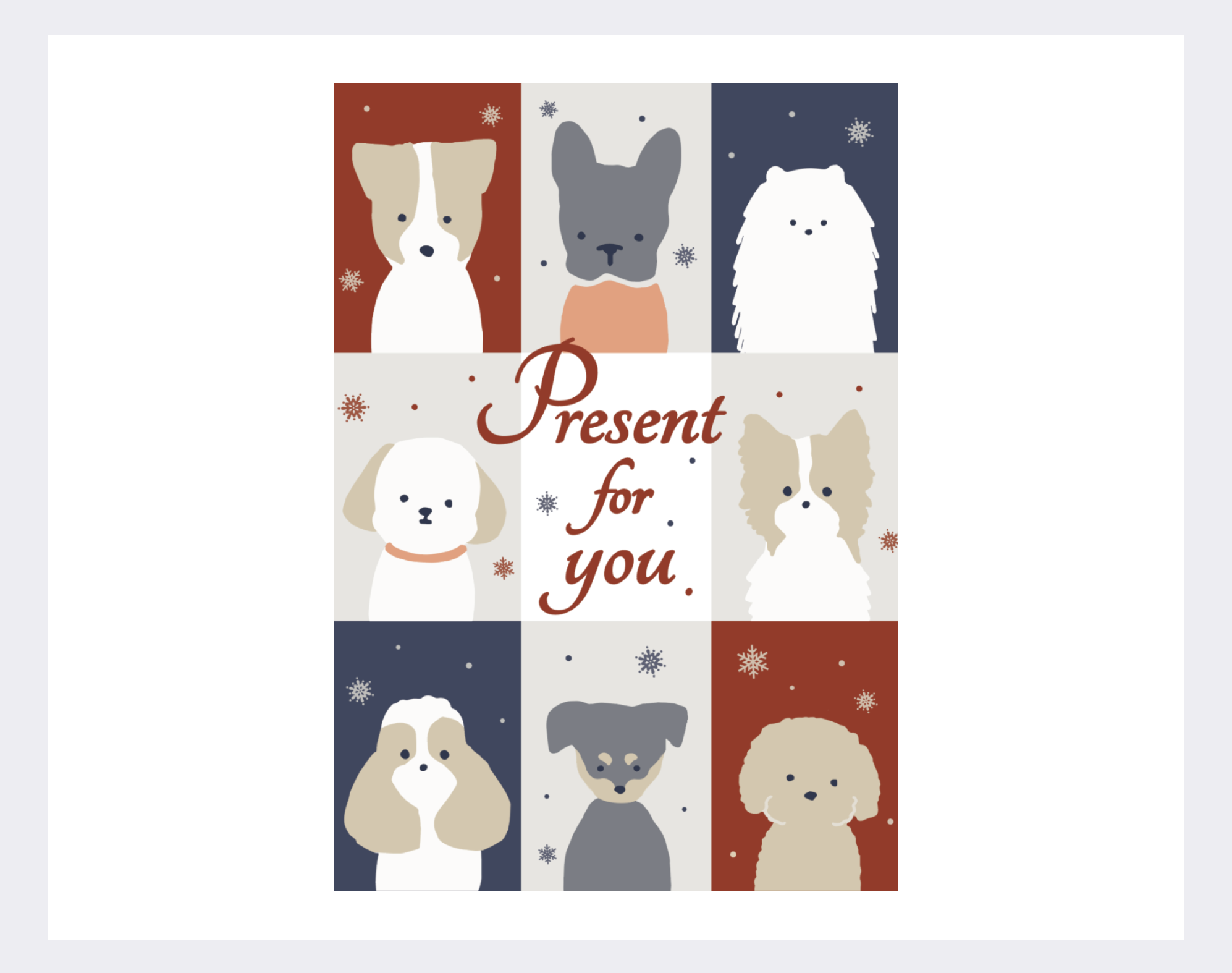 8匹の犬のイラストが並んだポストカード。