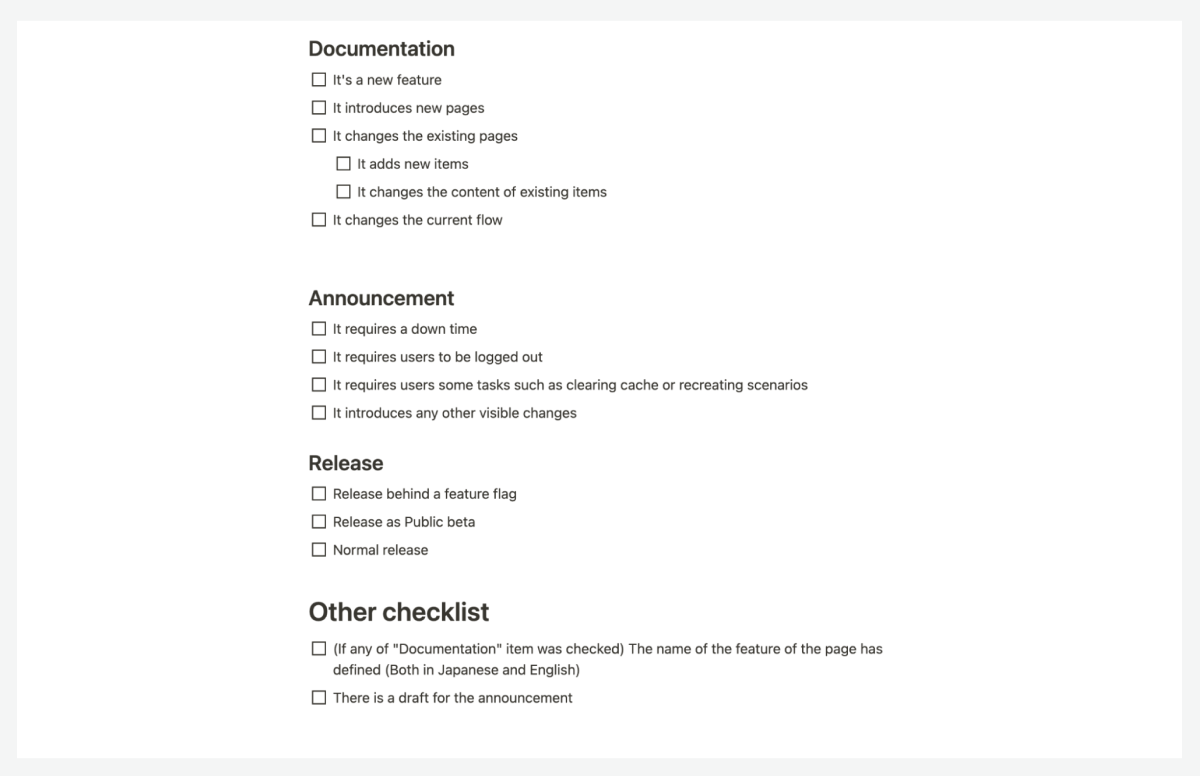 「コミュニケーションチェックリスト」のキャプチャ。Documentation、Announcement、Release，Other Checklistといった項目がある。