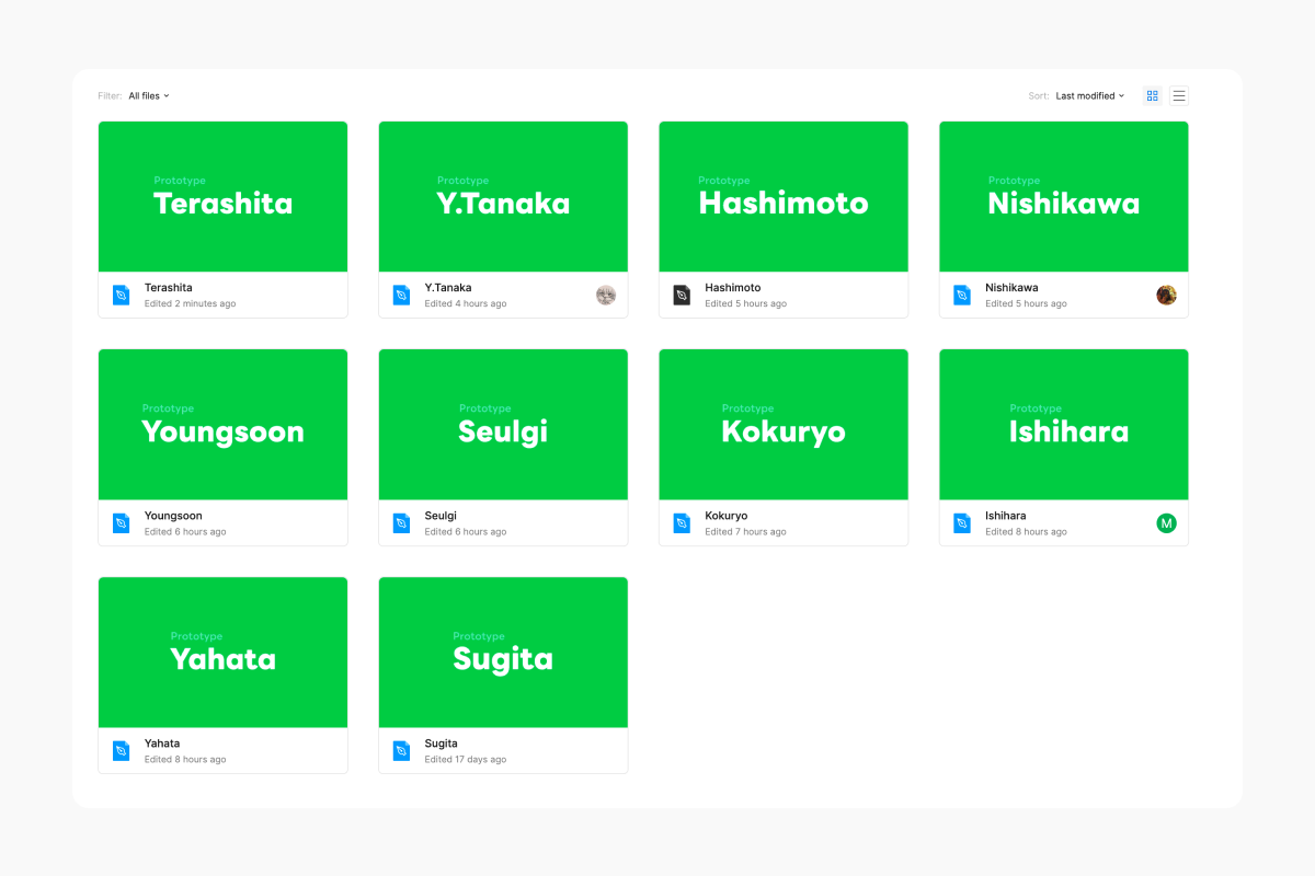 Figmaの個人ファイルのイメージ画像。「Terashita」「Y.Tanaka」のように緑色の背景に名前が書かれたものがメイン画像として並んでいる。
