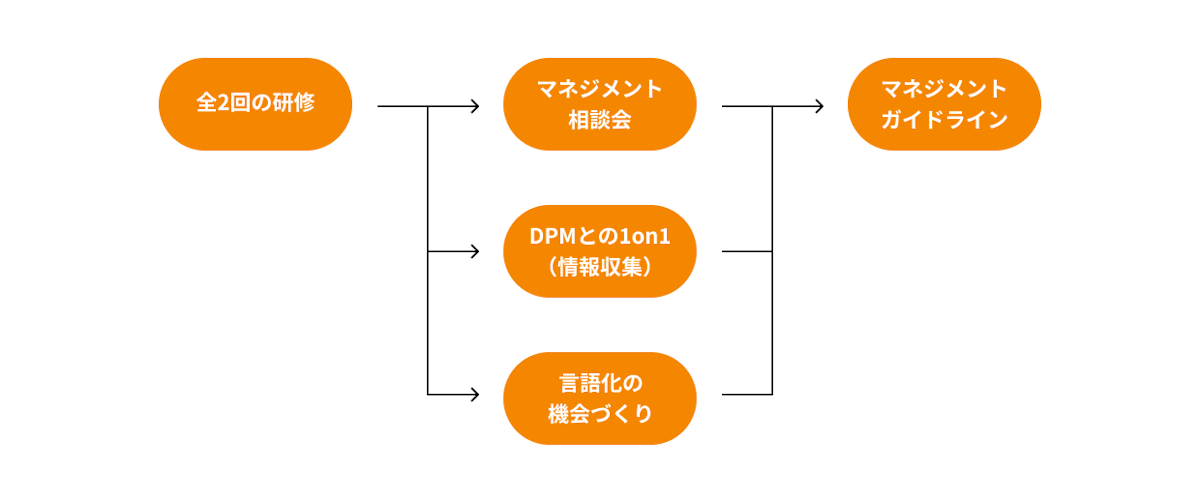 全2回の研修→マネジメント相談会、DPNとの1on1(情報収集)、言語化の機会づくり→マネジメントガイドライン