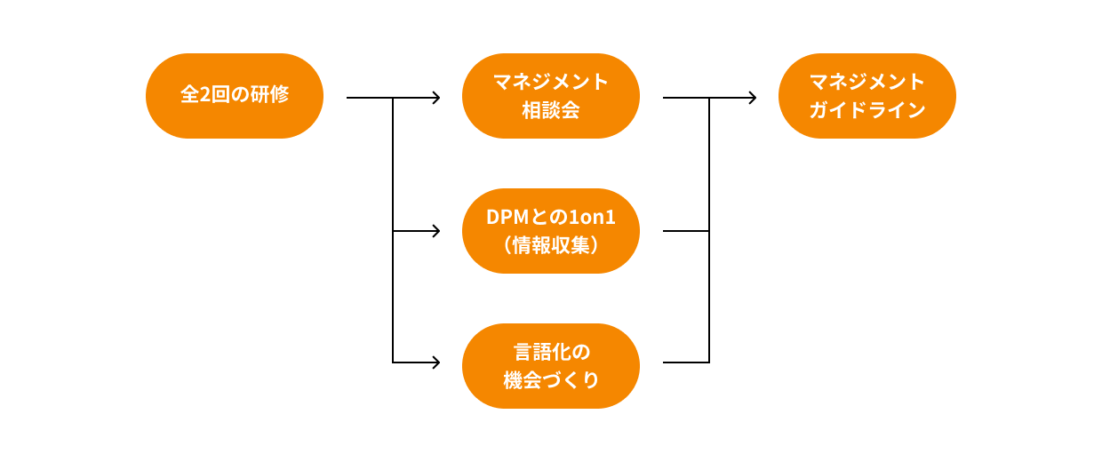 全2回の研修→マネジメント相談会、DPNとの1on1(情報収集)、言語化の機会づくり→マネジメントガイドライン