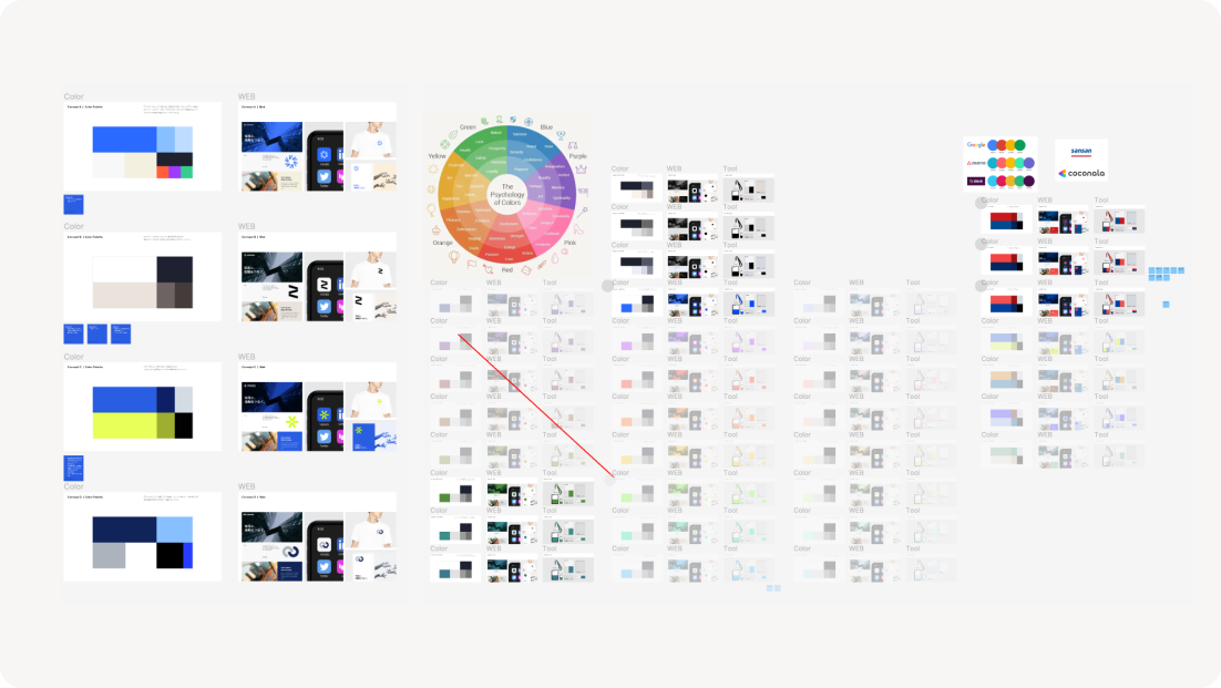 カラーパターンを、複数のサンプルをつくりながら模索しているFigmaの画面の様子。