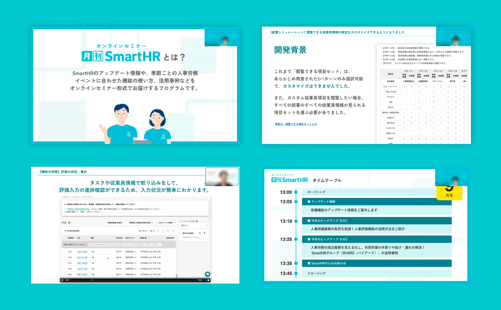 月刊SmartHRのスライドが4枚掲載されている。月刊SmartHRの説明スライドから、機能の説明スライド、セミナーのタイムテーブルのスライドなどが並べられている。