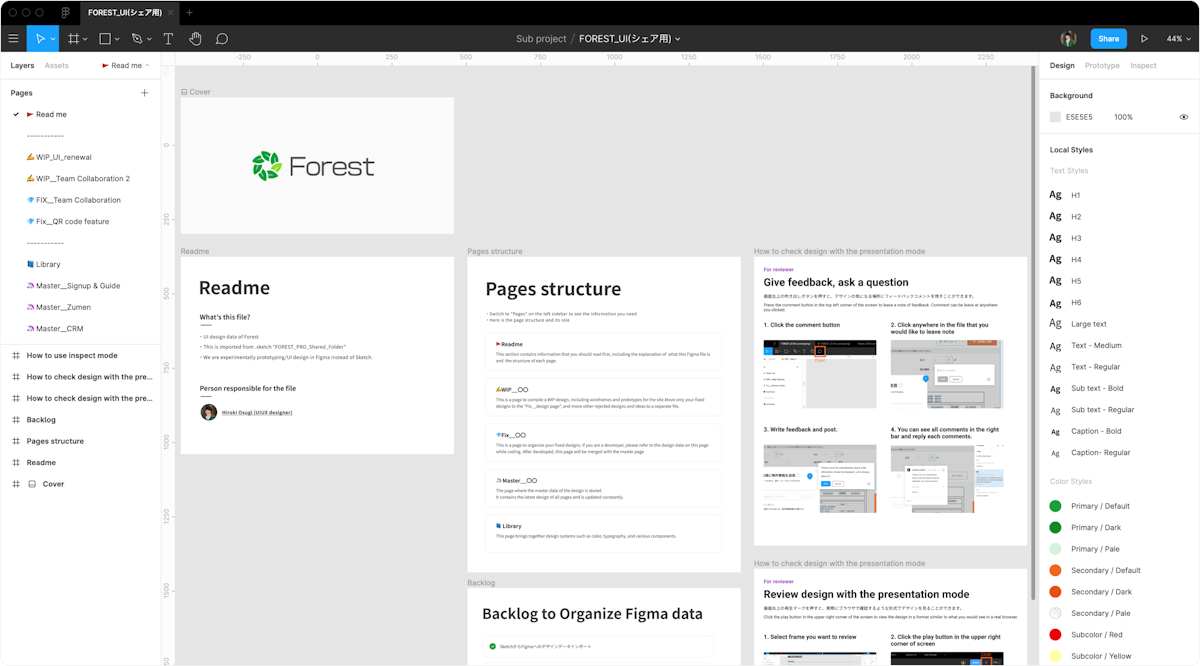 Figmaのキャプチャ。Forestのロゴ、Readme、Pages structure、Give feedback,ask a questionなどが表示されている。