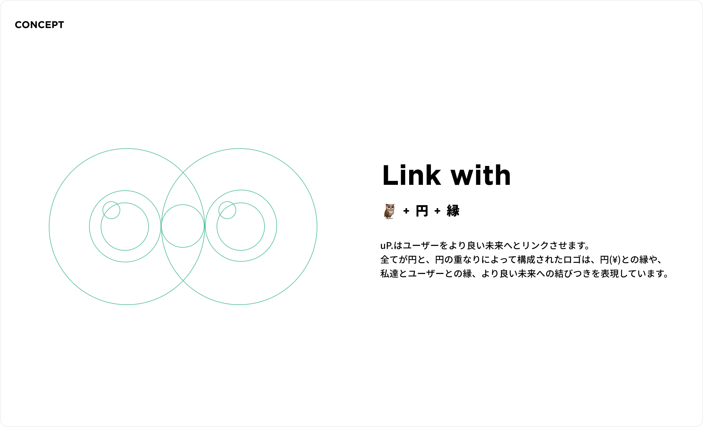 コンセプト。Link with フクロウ＋円＋緑。uP.はユーザーをより良い未来へとリンクさせます。全てが円と、円の重なりによって構成されたロゴは、円(¥)との縁や、私達とユーザーとの縁、より良い未来への結びつきを表現しています。